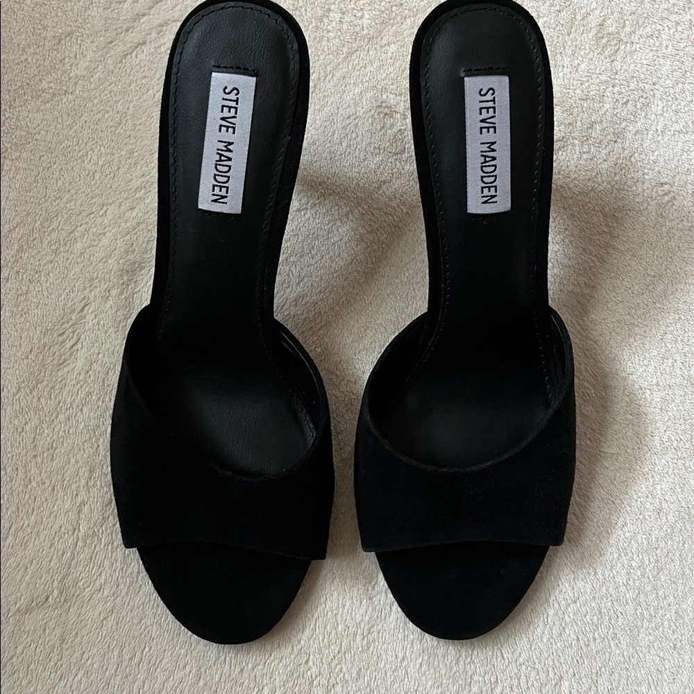 Black Suede “Erin” Steve Madden Heels Sandals Mules sz 8.5 New - Picture 4 of 11